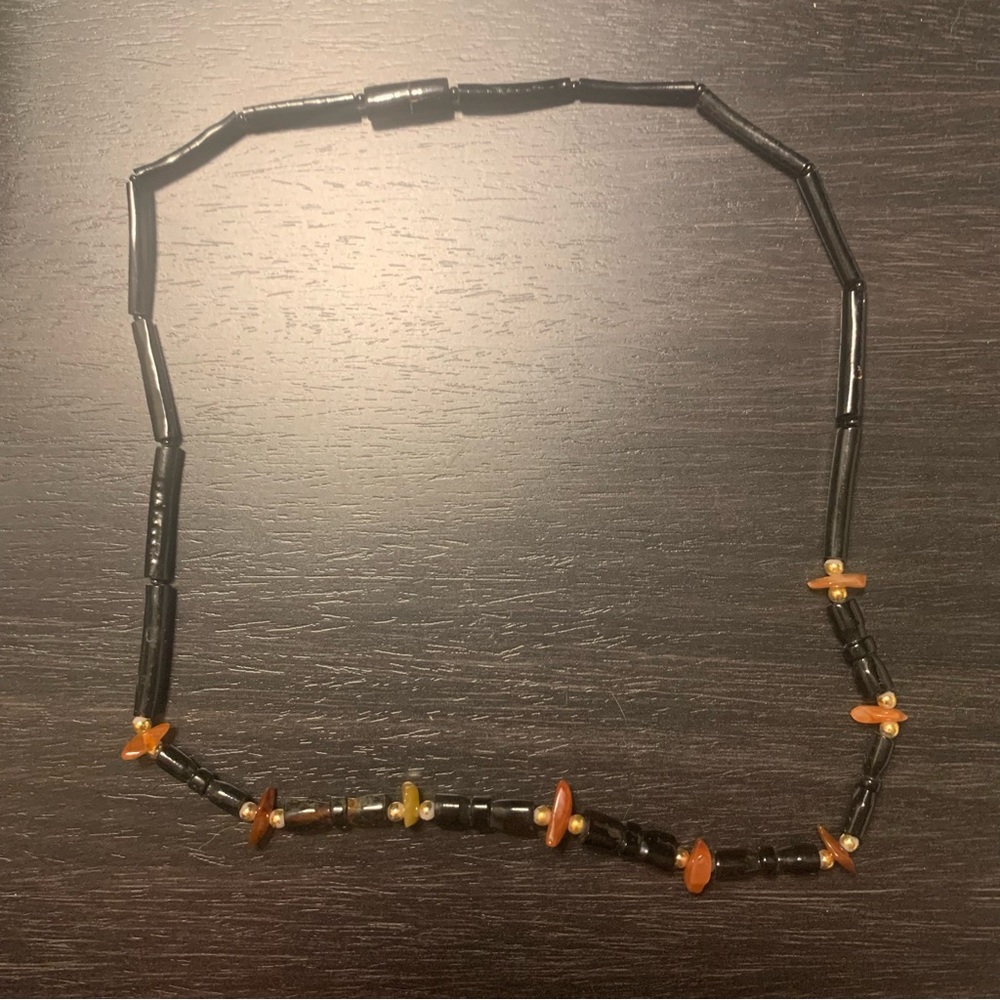 Mix of dark cherry or black and caramel chip (orange and yellow) beads Necklace